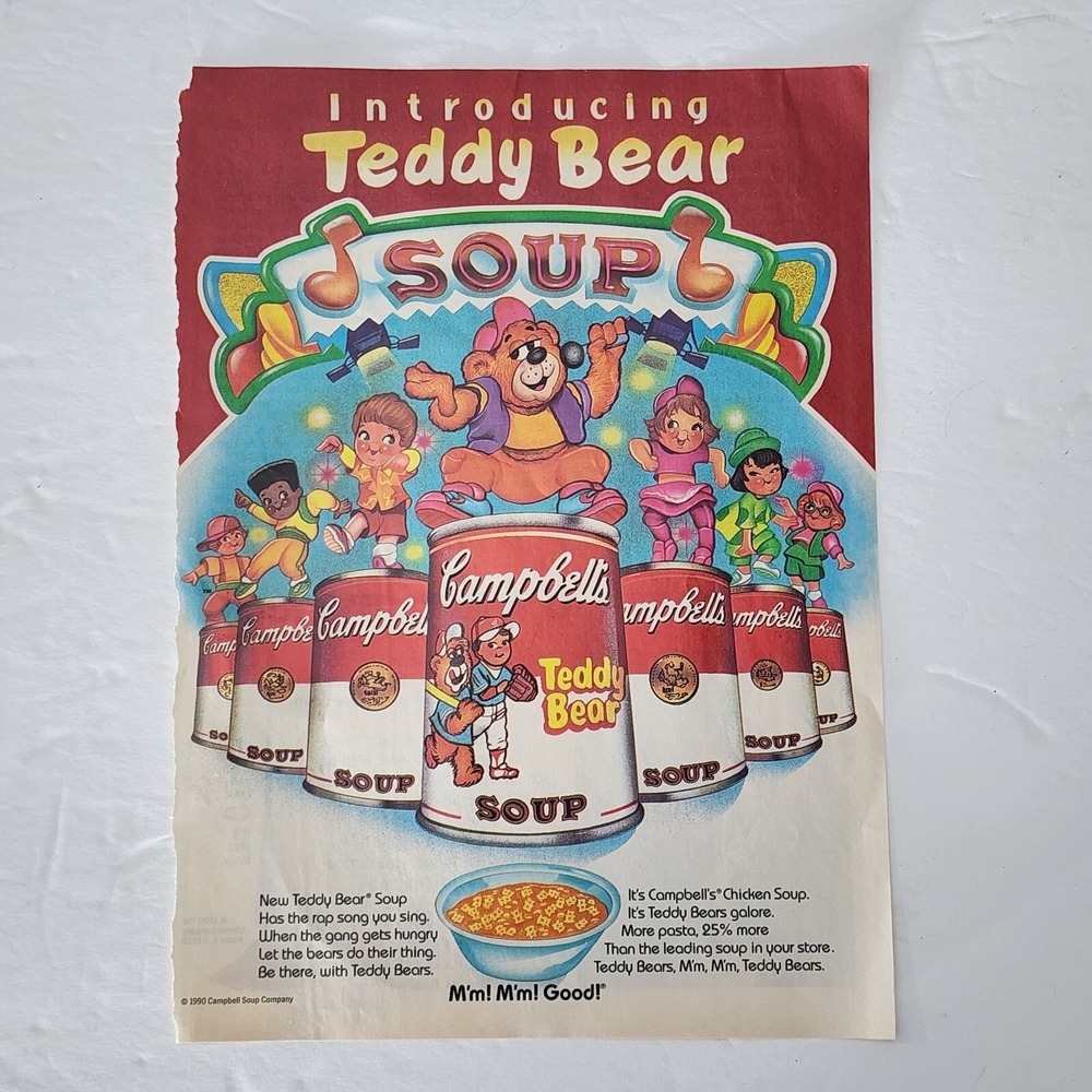 Vintage 1990 Campbell's Teddy Bear Soup Print Ad Cartoon Clipping Advertising
